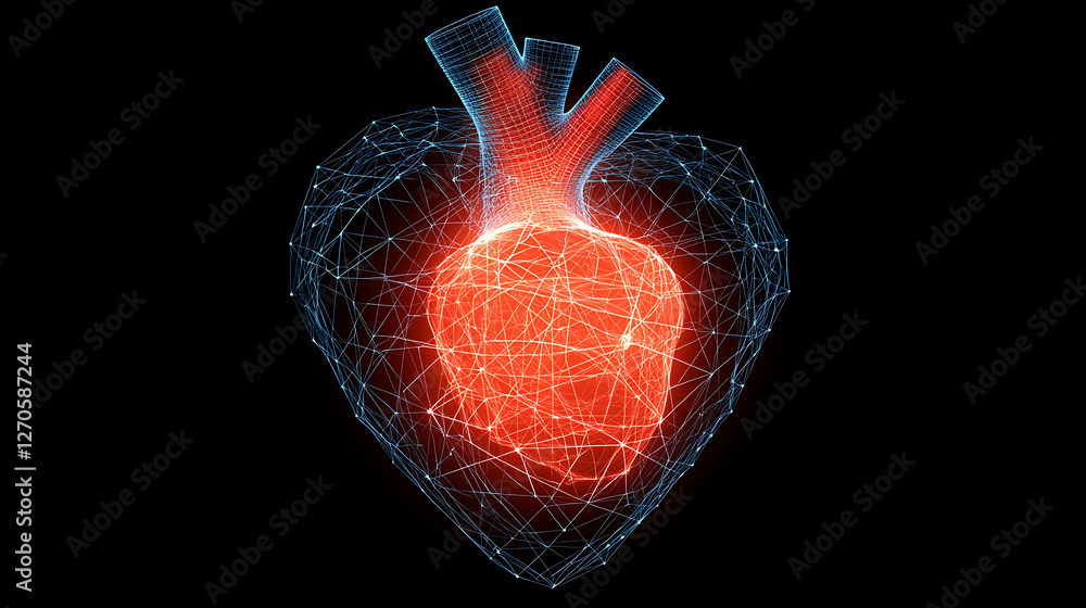 Poster digital heart illustration with interconnected network for medical visualization and analysis