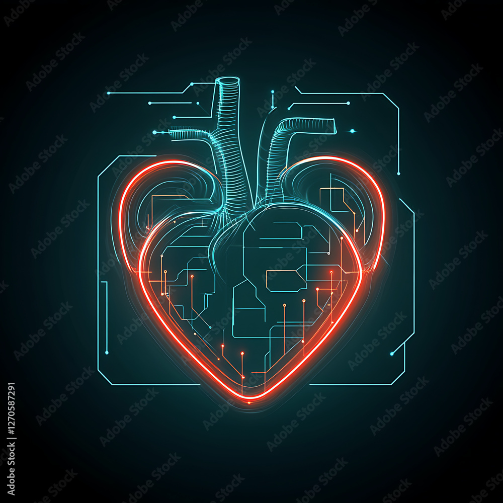 Poster digital heart technology blueprint circuit board connected system innovation with neon overlay