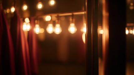 Dim light from vintage bulbs adds warmth as an elegant dress hangs nearby, setting an anticipatory mood in a dressing room before a performance