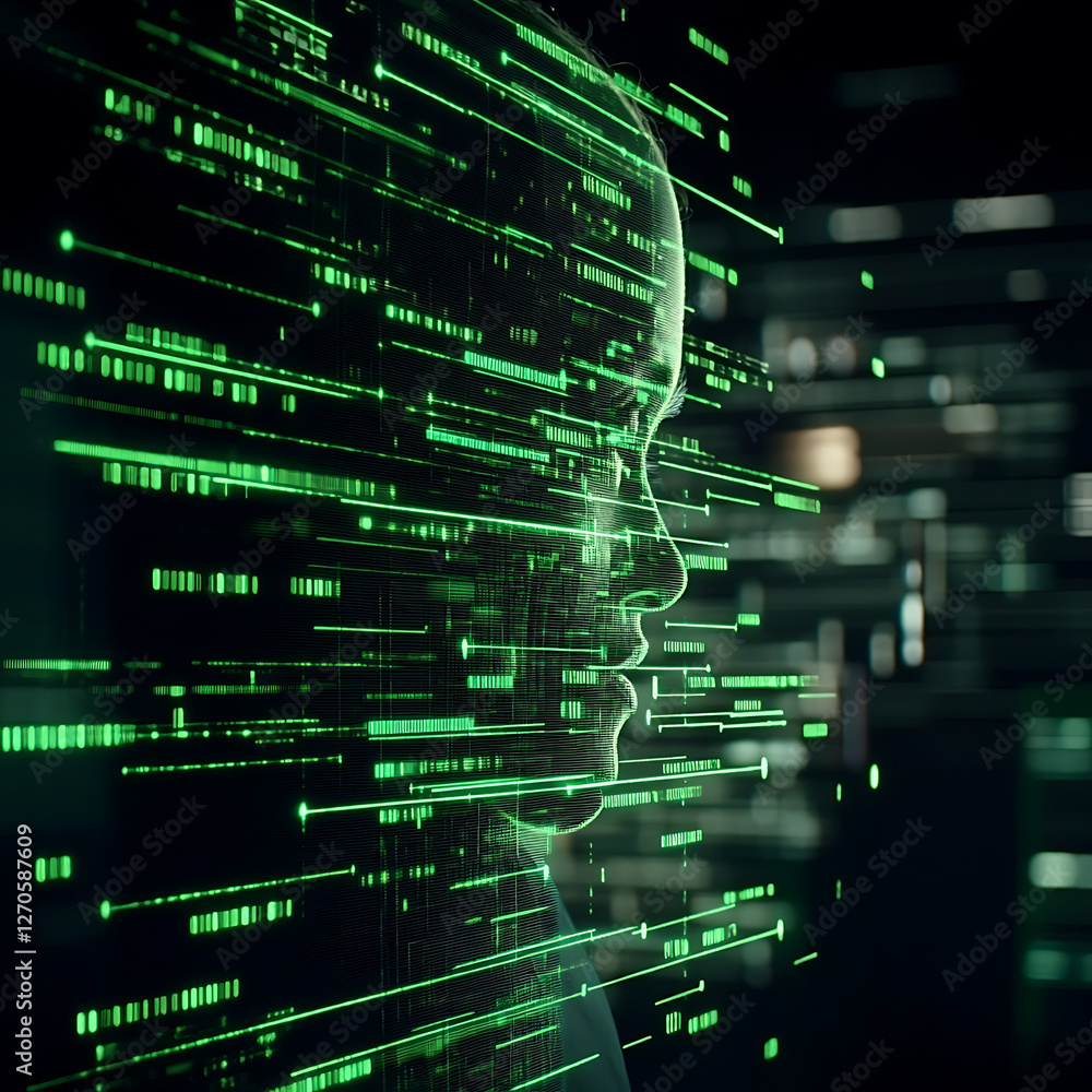 Poster digital human silhouette illuminated by streams of data visuals computer age technology