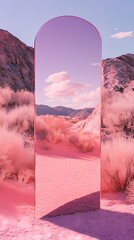 Digital technology Pink desert and mirror landscape poster background