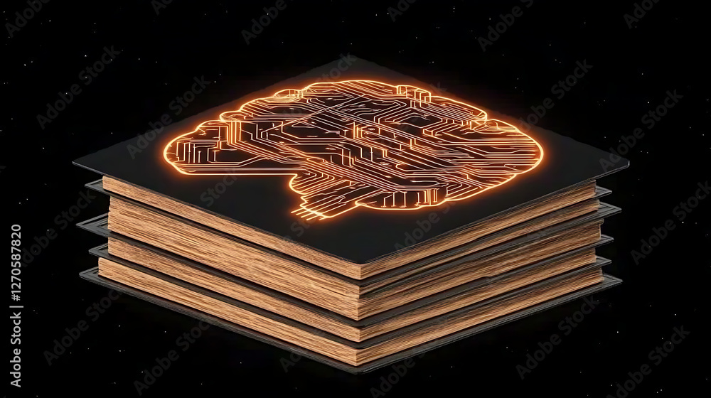 Aufkleber digital knowledge hub conceptual illustration with brain circuitry and stacked textbooks learning
