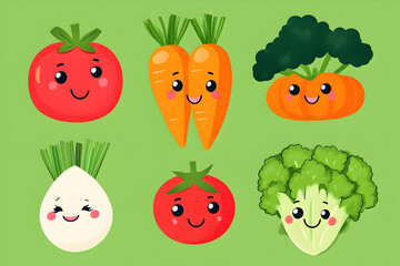 Fun and Cheerful Vegetable Characters in Kawaii Style, Smiling Faces on Fresh Organic Produce for Digital Art