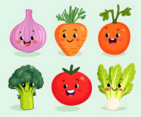 Fototapeta premium Kawaii Food Illustration Featuring Cute Carrot, Tomato, Broccoli, and Onion with Happy Expressions in a Flat Design