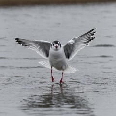 A little gull landing softly, wings slightly spread, on a white surface.