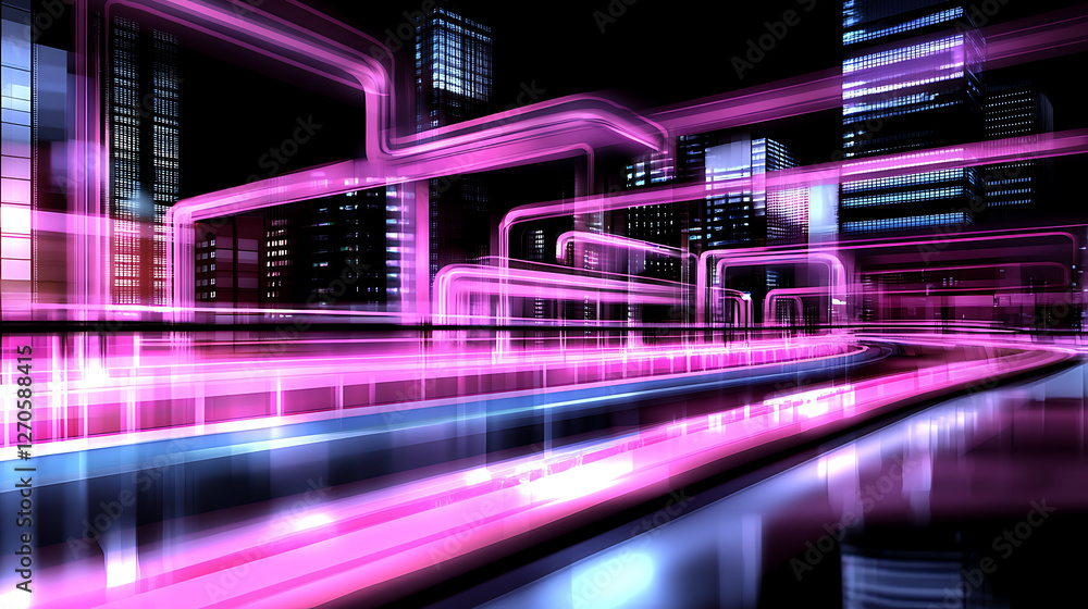 Aufkleber digital network abstract cityscape with glowing data streams and futuristic urban infrastructure