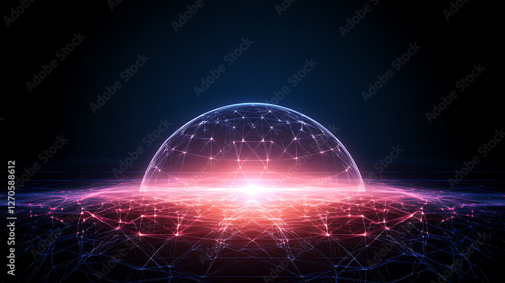 Poster digital network sphere shield protection with connection points and geometric abstraction
