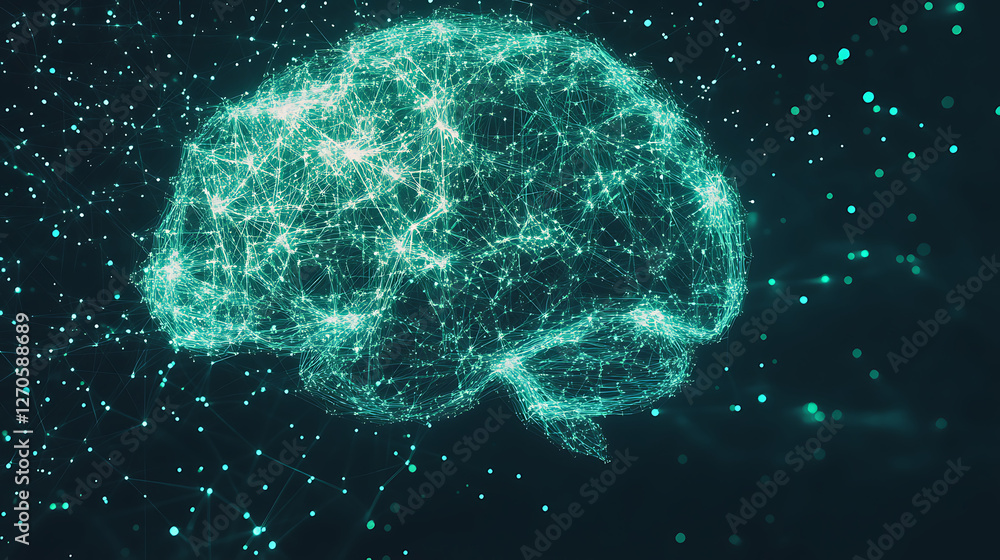 Poster digital neural network brain structure illustration glowing turquoise on dark backdrop concept