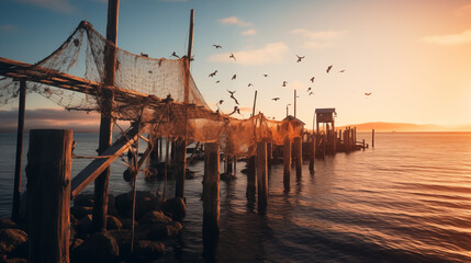 Old wooden dock adorned with fishing nets, set against a tranquil sunset over the calm sea, creating a picturesque coastal scene captured in stunning detail. 