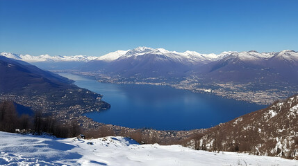 Snowy mountaintop view of lake and valley