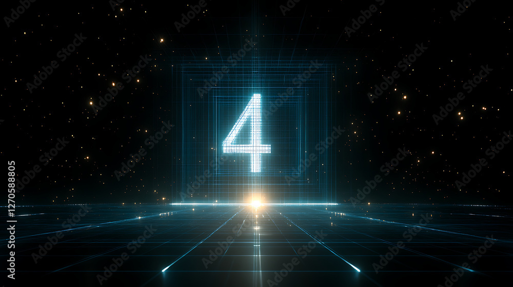 Poster digital number four floating in futuristic grid space with golden particle haze concept art
