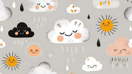 A pattern of clouds and suns with smiling faces. generated using AI