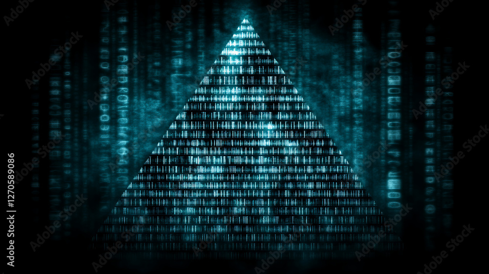 Poster digital pyramid cipher futuristic code cyber security system network data streams teal matrix glitch