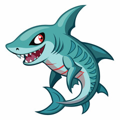 Cartoon illustration of a teal shark with sharp teeth and red eyes