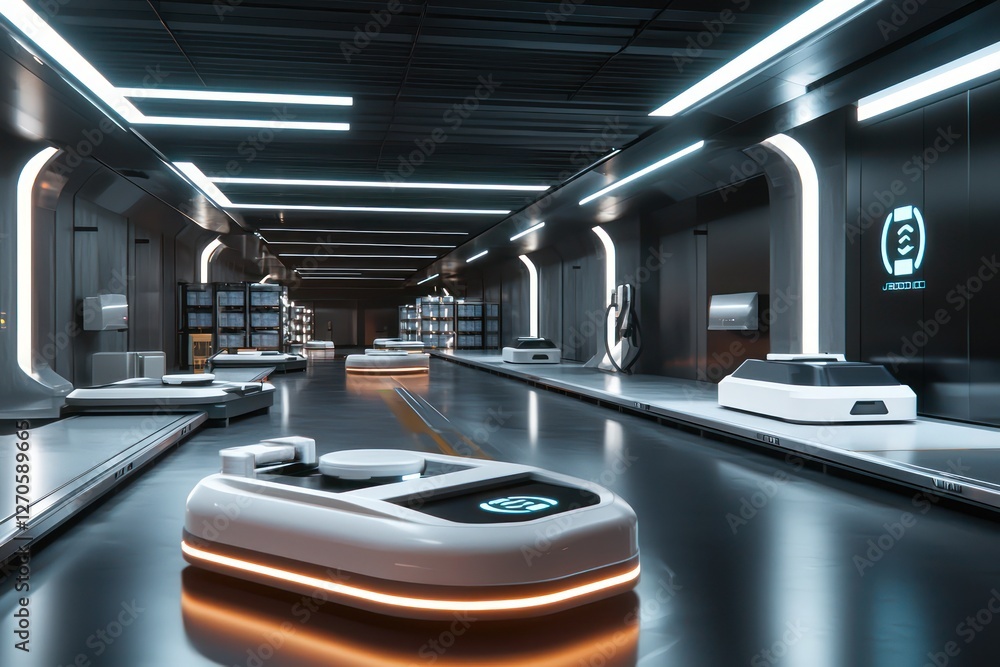 Poster dynamic warehouse setting features autonomous robots optimizing routes.