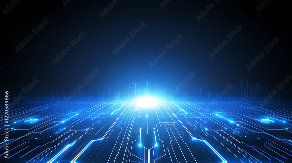 Poster digital technology circuit board blue glowing data stream information flow futuristic backdrop