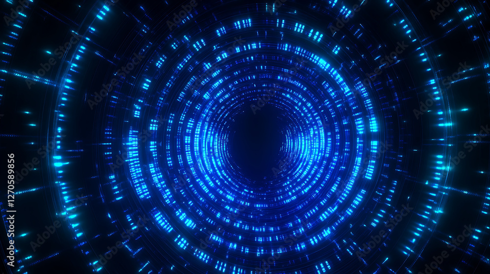 Poster digital tunnel of glowing blue data streams with a technological backdrop and vibrant light effects