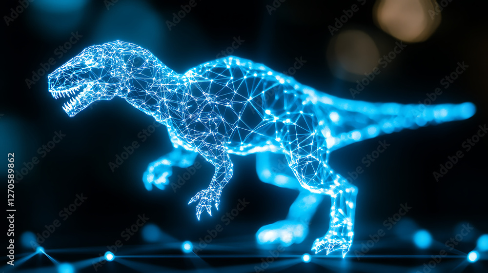 Poster digital tyrannosaurus rex representation with glowing blue connected points and lines network