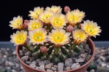 A vibrant yellow cactus flower in a pot, set against the backdrop of a rock garden.