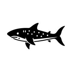 A black and white illustration of a whale shark swimming