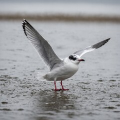 A little gull stretching its wings in preparation for flight, pure white backdrop.