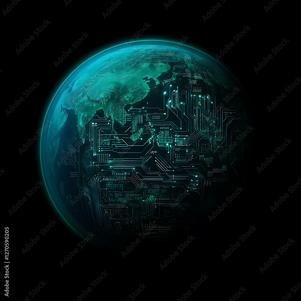 Poster digital world integration circuitry global network futuristic connection teal planet abstract art