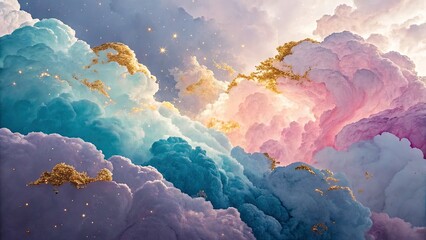 Abstract Watercolor Clouds with Gold Accents - Ethereal Sky Art, Dreamy Backgrounds, Soft Textures, Colorful Designs, Artistic Decor, Unique