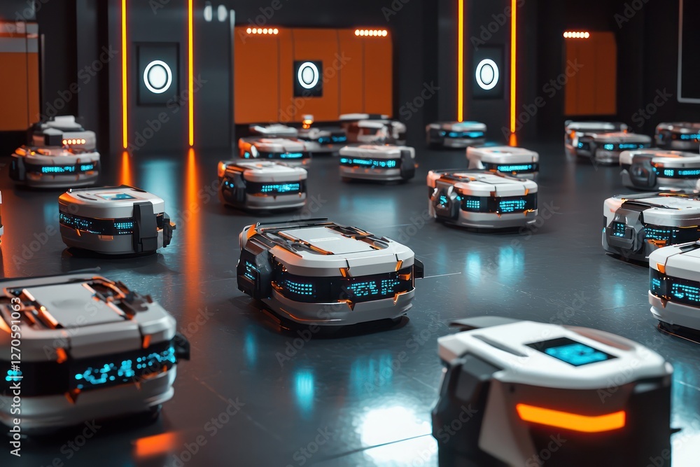 Poster contemporary robotics arena with swarm robots managing synchronized tasks.