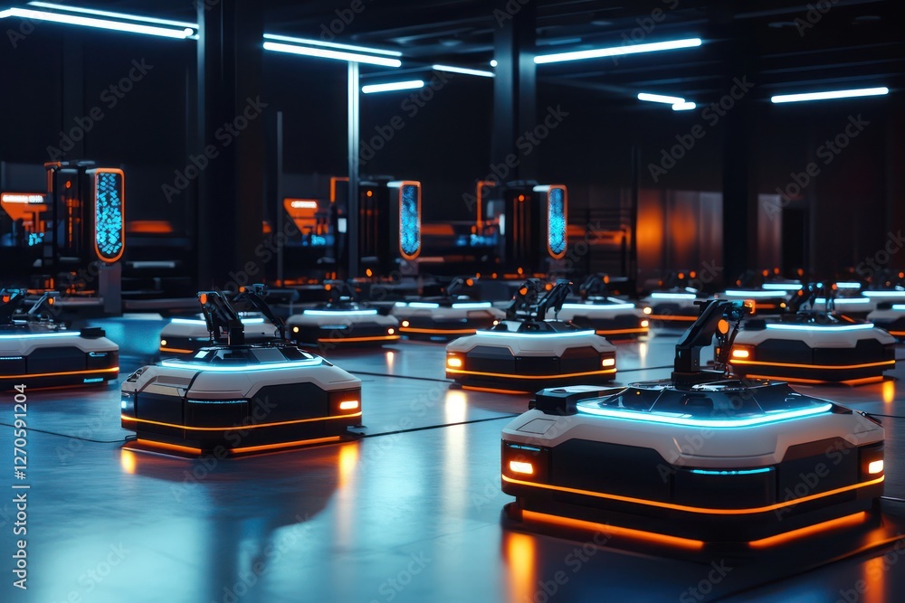 Poster advanced robotics arena, swarm robots executing coordinated logistics tasks.
