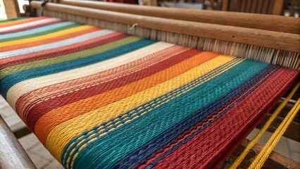 Threads of Color: A close-up of a weaving loom, showcasing a vibrant, multicolored fabric taking shape, illustrating the art of craftsmanship.