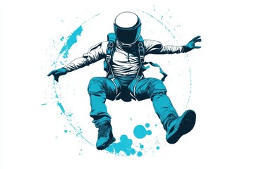 Astronaut floating in space surrounded by vibrant blue splashes and celestial elements