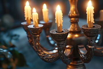 A decorative candle chandelier in a dimly lit room, with intricate metalwork and lit candles creating an elegant ambiance.