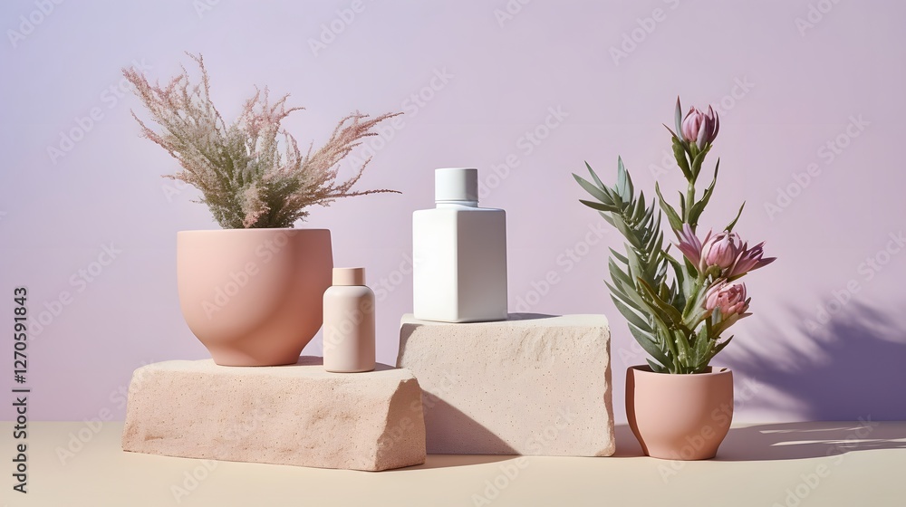 Poster elegant and minimalist composition featuring soft pastel tones abstract forms and a balanced captiva