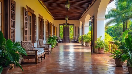 Vintage tropical villa with colonial influences, high ceilings, wooden shutters, and an open-air veranda