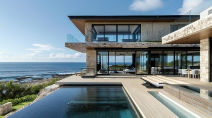 Fototapeta premium A contemporary two story villa by the ocean featuring