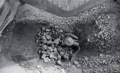 Processing plant crusher for ore. Stones is crushed to recover copper, gold, iron, top view