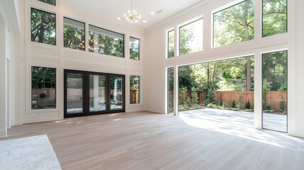 Fototapeta premium Modern home interior, sunlight streaming through large windows, showcasing spacious living area and backyard access; real estate listing