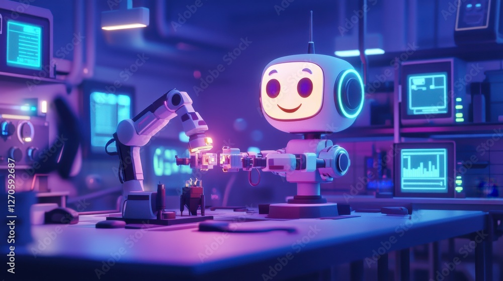 Poster friendly robot with a high-tech arm in a futuristic lab setting