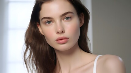 Naklejka premium Radiant and Flawless Beauty A Captivating Close up Portrait of a Woman with Luminous Skin Natural Makeup and a Pristine White Background that Showcases Her Natural Beauty and Elegance