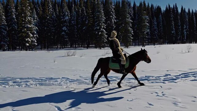 A person rides a horse through snowy woods, captured in a side angle. The video conveys a sense of adventure and tranquility in nature.