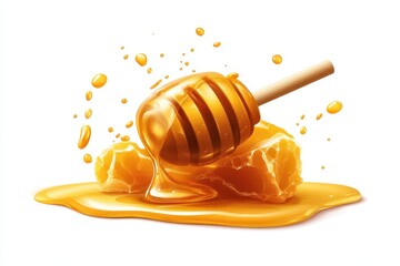 Golden honey drips from a wooden dipper onto a honeycomb with droplets splashing around