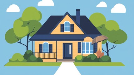Fototapeta premium Suburban House Illustration With Trees & Sky, Depicts A Comfortable & Idyllic Home Environment, Ideal For Real Estate Or Lifestyle Themes.