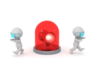 3D Characters with Medical Masks Running Away from Alarm Light