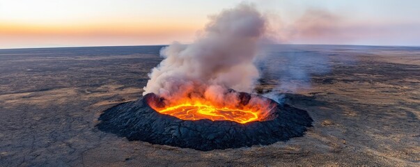 Volcanic landscapes concept. A stunning view of an active volcano with molten lava and smoke ascending into the sky.