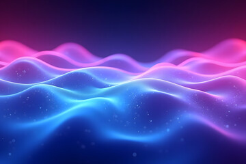 Fototapeta premium A futuristic abstract background with glowing neon waves in shades of blue, purple, and pink. Waves have a smooth, flowing motion with a sense of depth, creating a mesmerizing digital effect