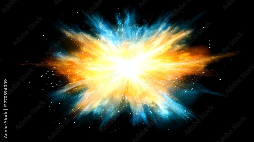 Poster dynamic cosmic burst of energy and light emanating outward from a central source in deep space