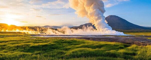 Volcanic landscapes idea. Breathtaking view of a volcanic landscape with steam rising against a vibrant sky.