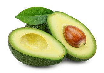 A whole green avocado a half avocado showing its seed with a fresh green leaf attached isolated on a white background