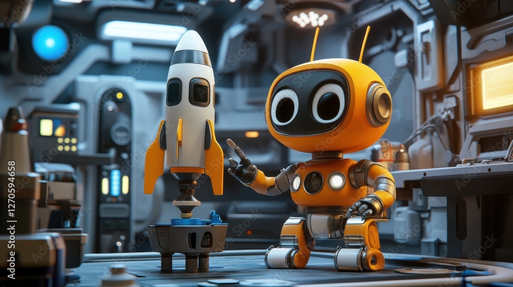Poster cute robot in workshop pointing at small rocket model