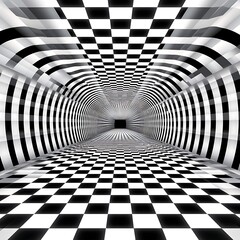 Black and White Checkered Tunnel, Abstract Perspective